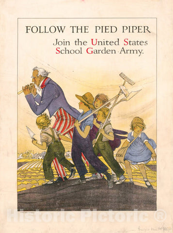 Vintage Poster -  Follow The Pied Piper. Join The United States School Garden Army, Historic Wall Art