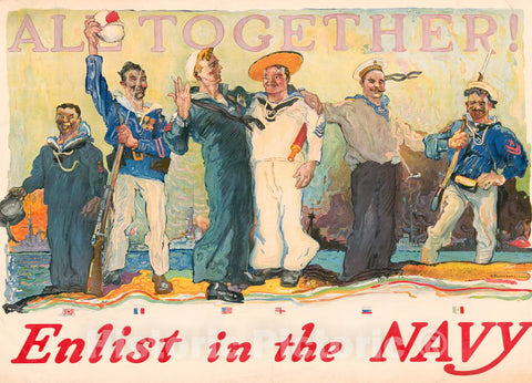 Vintage Poster -  All Together! Enlist in The Navy, Historic Wall Art