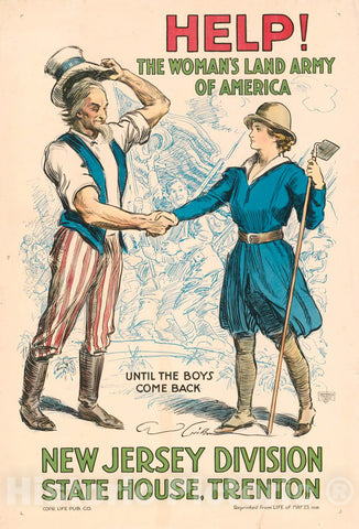 Vintage Poster -  Help! The Woman's Land Army of America, New Jersey Division, State House, Trenton -  C.D. Gibson ; Greenwich Litho. Co, N.Y., Historic Wall Art