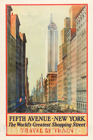 Vintage Poster -  Fifth Avenue, New York - The World's Greatest Shopping Street - Travel by Train, Historic Wall Art