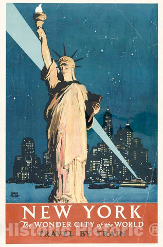 Vintage Poster -  New York -  The Wonder City of The World -  Travel by Train, Historic Wall Art