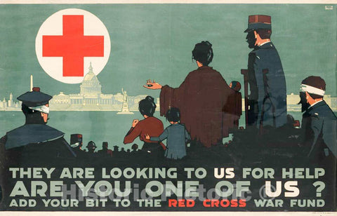 Vintage Poster -  They are Looking to us for Help -  are You one of us? Add Your bit to The Red Cross War Fund -  L. N. Britton., Historic Wall Art