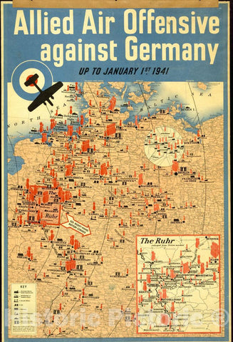 Vintage Poster -  Allied air Offensive Against Germany up to January 1st, 1941, Historic Wall Art