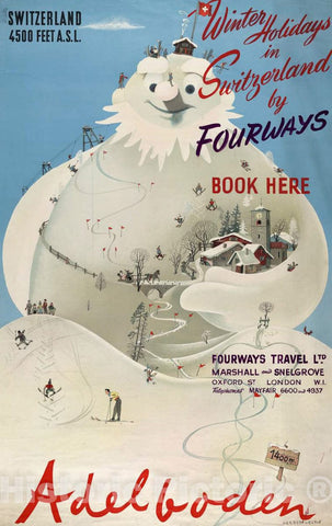 Vintage Poster -  Winter Holidays in Switzerland by Fourways -  Herbert Leupin., Historic Wall Art