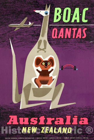 Vintage Poster -  BOAC Qantas, Australia, New Zealand, Historic Wall Art