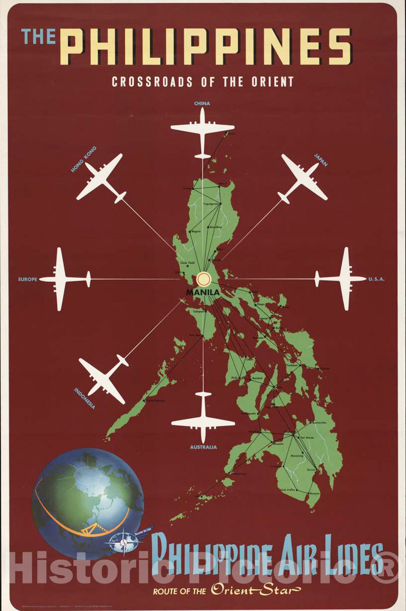 Vintage Poster -  The Philippines, Crossroads of The Orient Philippine Air Lines, Route of The Orient Star -  Walther - Boland Associates., Historic Wall Art