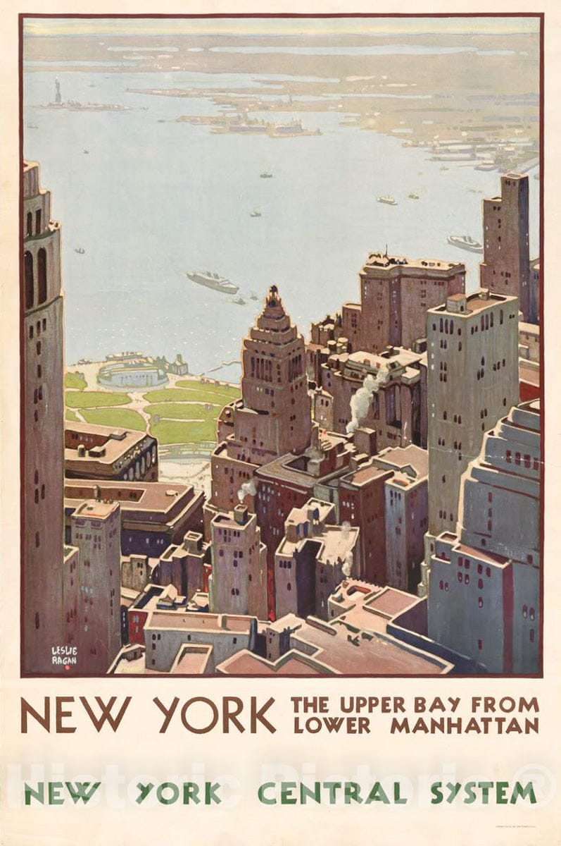 Vintage Poster -  New York ; The Upper Bay from Lower Manhattan. New York Central System -  Leslie Ragan., Historic Wall Art