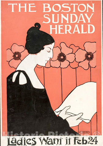 Vintage Poster -  The Boston Sunday Hearld -  Ladies Want it Feb. 24 -  Boston Eng. Co; E. Reed., Historic Wall Art