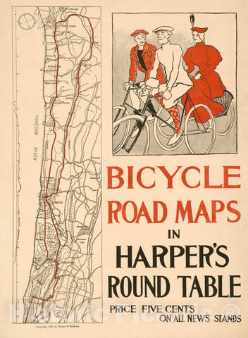 Vintage Poster -  Bicycle Road maps in Harper's Round Table., Historic Wall Art