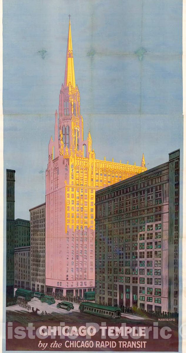 Vintage Poster -  Chicago Temple by Chicago Rapid Transit -  Navigato., Historic Wall Art