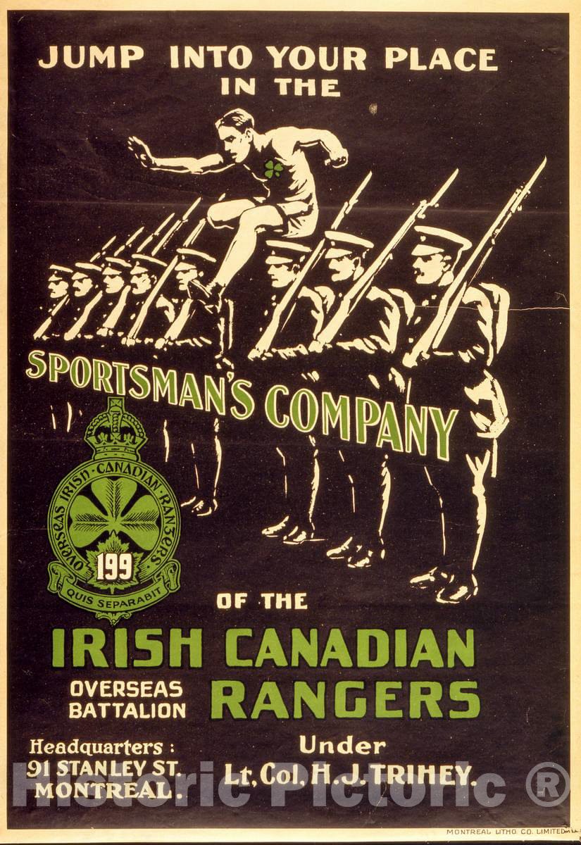 Vintage Poster -  Jump into Your Place in The Sportsman's Company of The Irish Canadian Rangers, Historic Wall Art