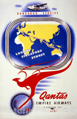 Vintage Poster -  Kangaroo Service Qantas Empire Airways in Association with B.O.A.C., Historic Wall Art