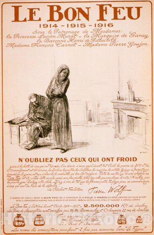 Vintage Poster - Le Bon feu 1914 - 1915 - 1916. N'oubliez pas ceux qui ONT Froid, Historic Wall Art