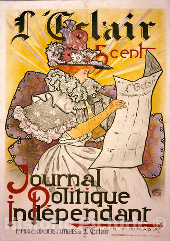 Vintage Poster -  L'Eclair -  Journal politique independant -  H. Thomas, 97., Historic Wall Art