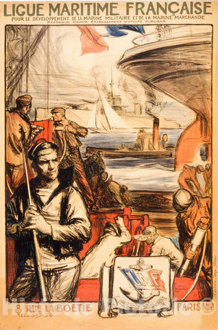 Vintage Poster -  Ligue Maritime franÃ§aise Pour le dÃ©veloppement de la Marine Militaire et de la Marine marchande reconnue Comme Ã©tablissement d'utilitÃ© publique, Historic Wall Art