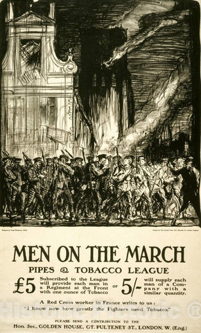 Vintage Poster -  Men on The March Pipes & Tobacco League -  Designed by Frank Brangwyn, Historic Wall Art