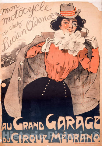 Vintage Poster -  Mon Motocycle est Chez Lucien Adenot, au Grand Garage du Cirque MÃ©drano  -  GrÃ¼n., Historic Wall Art