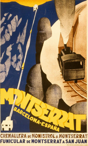 Vintage Poster -  Montserrat, Barcelona, EspaÃ±a Cremallera de Monistrol a Montserrat = Funicular de Montserrat a San Juan  -  L. Muntane., Historic Wall Art