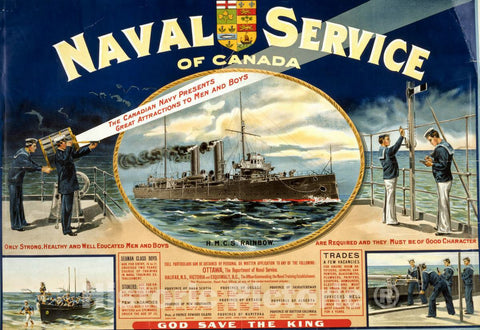 Vintage Poster - Naval Service of Canada. Only Strong, Healthy and Well Educated Men and Boys are Required and They Must be of Good Character, Historic Wall Art