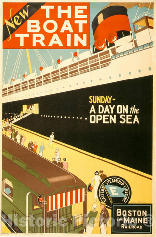 Vintage Poster -  New. The Boat Train. Sunday -  a Day on The Open sea -  Charles W. Holmes ; Litho. by University Press, Cambridge, Mass., Historic Wall Art