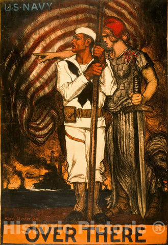 Vintage Poster -  Over There -  U.S. Navy -  Albert Sterner 1917., Historic Wall Art