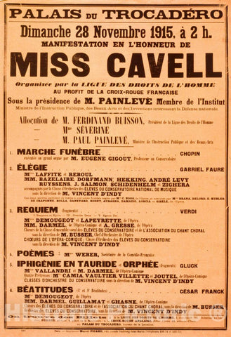 Vintage Poster -  Palais du TrocadÃ©ro Manifestation en l'honneur de Miss Cavell. OrganisÃ©e par la Lique des Droits de L'Homme, Historic Wall Art