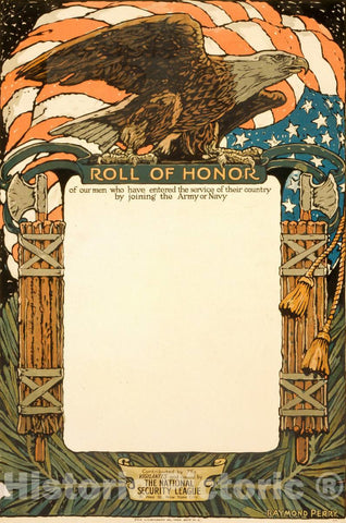 Vintage Poster -  Roll of Honor of Our Men who Have Entered The Service of Their Country by Joining The Army or Navy -  Raymond Perry., Historic Wall Art