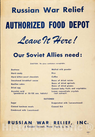 Vintage Poster -  Russian War Relief, Authorized Food Depot. Leave it here!, Historic Wall Art