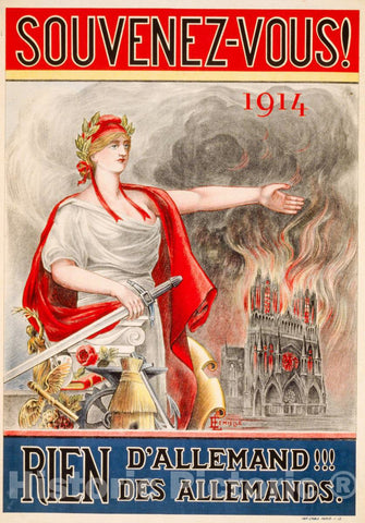 Vintage Poster -  Souvenez - Vous! 1914. Rien d'Allemand!!! Des Allemands, Historic Wall Art