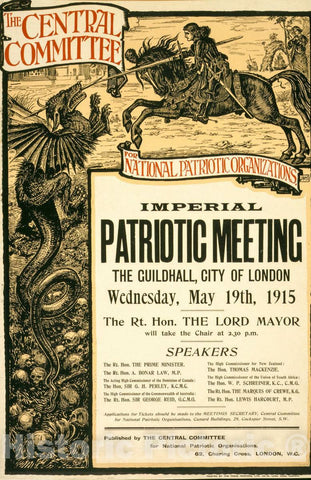 Vintage Poster -  The Central Committee for National Patriotic Organizations Imperial Patriotic Meeting, The Guildhall, City of London, Wednesday, May 19th, 1915, Historic Wall Art