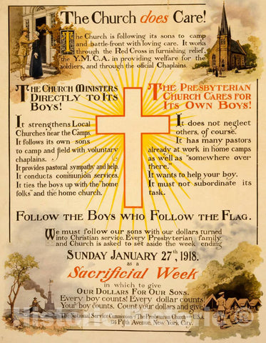 Vintage Poster -  The Church Does Care! [.] Follow The Boys who Follow The Flag [.] Set Aside The Week Ending Sunday January 27th, 1918 as a sacrificial Week [.]., Historic Wall Art