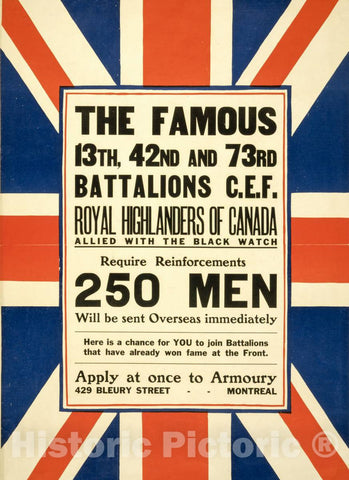 Vintage Poster -  The Famous 13th, 42nd, and 73rd battalions C.E.F. Royal Highlanders of Canada, Allied with The Black Watch, Historic Wall Art