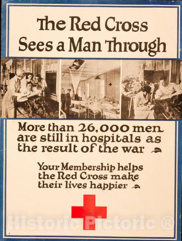 Vintage Poster -  The Red Cross sees a Man Through More Than 26,000 Men are Still in Hospitals as The Result of The war., Historic Wall Art