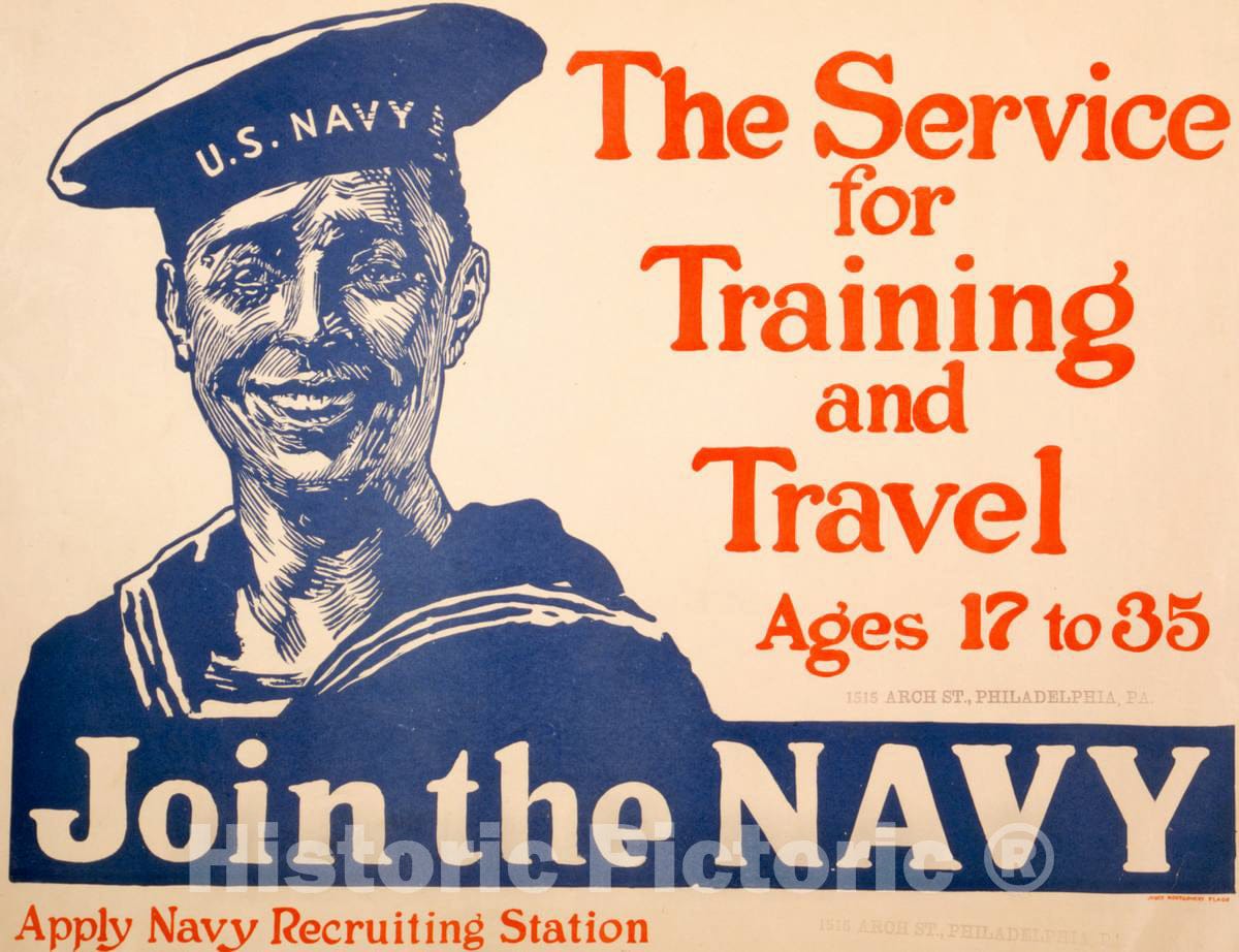 Vintage Poster -  The Service for Training and Travel -  Ages 17 to 35 -  Join The Navy -  Apply Navy Recruiting Station -  James Montgomery Flagg., Historic Wall Art