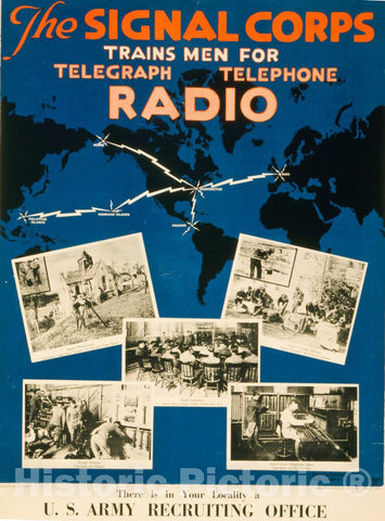 Vintage Poster -  The Signal Corps Trains Men for Telegraph, Telephone, Radio There is in Your Locality a U.S. Army Recruiting Office, Historic Wall Art
