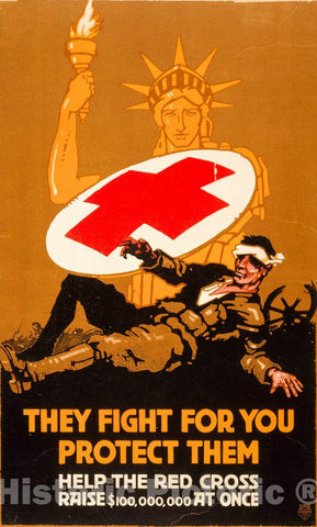 Vintage Poster -  They Fight for You -  Protect Them Help The Red Cross Raise $100,000,000 at Once  -  W.G. Sesser., Historic Wall Art