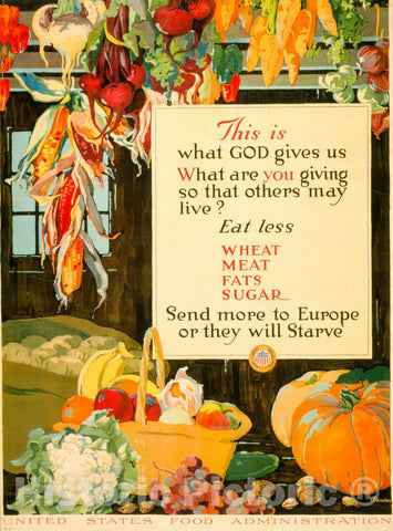 Vintage Poster -  This is What God Gives us -  What are You Giving so That Others May Live? Eat Less Wheat, Meat, fats, Sugar -  Send More to Europe or They Will Starve, Historic Wall Art