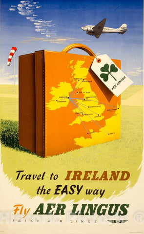 Vintage Poster -  Travel to Ireland The Easy Way, Fly AER Lingus, Irish Air Lines, Historic Wall Art
