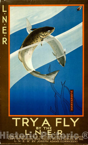 Vintage Poster -  Try a Fly by The L.N.E.R. Ask at Any L.N.E.R. Enquiry Office for Free Copy of Salmon and Trout Rivers Served by The L.N.E.R. by Joseph Adams, Historic Wall Art