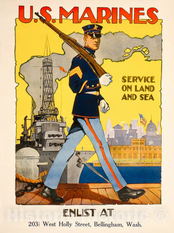 Vintage Poster -  U.S. Marine Corps -  Service on Land and sea -  Sidney H. Riesenberg., Historic Wall Art