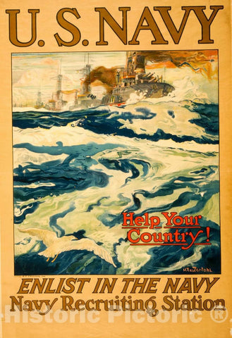 Vintage Poster -  U.S. Navy -  Help Your Country! Enlist in The Navy -  H. Reuterdahl., Historic Wall Art