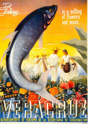 Vintage Poster -  Veracruz -  for Fishing in a Setting of Flowers and Music -  Espert ; Offset Turanzas., Historic Wall Art