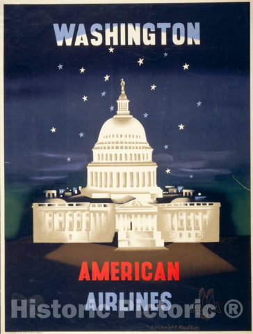 Vintage Poster -  Washington, American Airlines -  E. McKnight Kauffer., Historic Wall Art