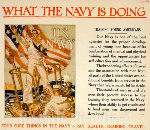 Vintage Poster -  What The Navy is Doing -  Training Young Americans Four Sure Things in The Navy -  Pay, Health, Training, Travel  -  J.C. Leyendecker., Historic Wall Art