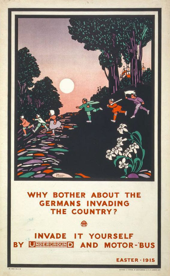 Vintage Poster -  Why Bother About The Germans invading The Country? Invade it Yourself by Underground and Motor - 'Bus. Easter -  1915 -  The Brothers Warbis, Historic Wall Art