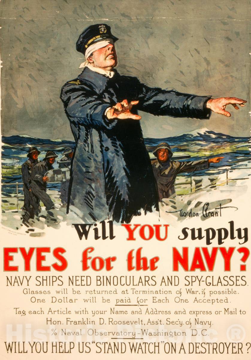 Vintage Poster -  Will You Supply Eyes for The Navy? Navy Ships Need Binoculars and spy - Glasses -  Gordon Grant ; Sackett & Wilhelms, New York., Historic Wall Art