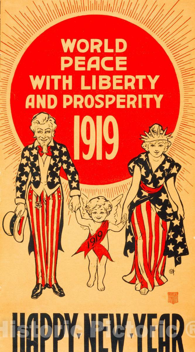 Vintage Poster -  World Peace with Liberty and prosperity - 1919 - Happy New Year, Historic Wall Art