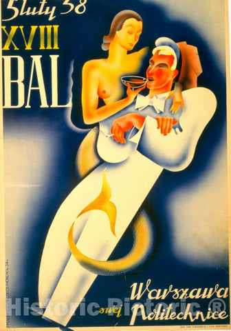 Vintage Poster -  XVIII bal - 5 luty 38 - Warszawa swej Politechnice -  S. Malewicz, W. Skolimowski 38., Historic Wall Art