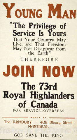 Vintage Poster -  Young Man Join Now, The 73rd Royal Highlanders of Canada, Historic Wall Art