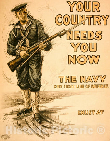 Vintage Poster -  Your Country Needs You Now -  The Navy, Our First line of Defense -  Nuyttens 17., Historic Wall Art